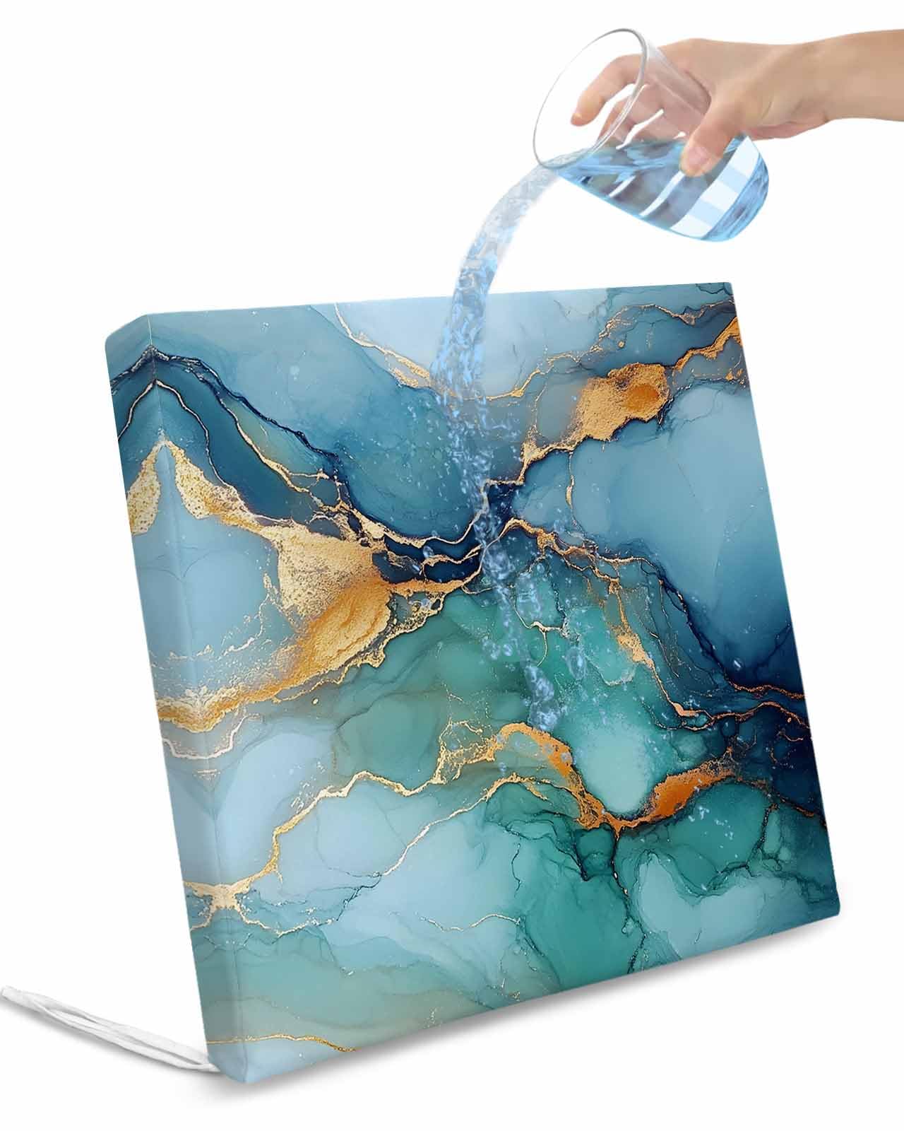 2 Pack Turquoise Blue Waterproof Cushion Covers with Ties, Outdoor Patio Chaise Lounge Chair Seat Cushion Slip Covers Replacement(Only Cover) Modern Teal Gold Marble Textured 22