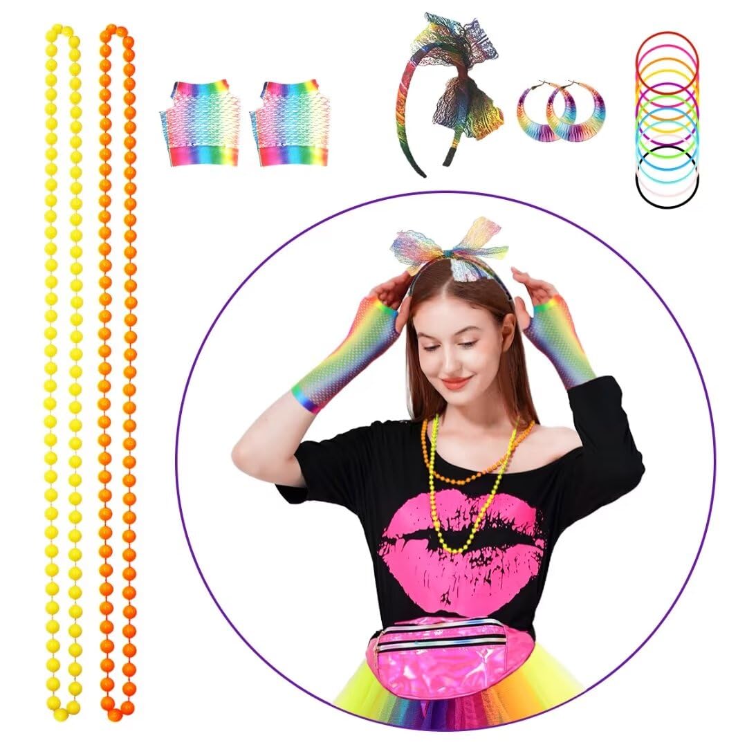 WILDPARTY 80s Fancy Dress For Women, Lip Print T-shirt, Tutu Skirt, Leg Warmers, Necklace, Fishnet Gloves, Earrings, Neon Costumes Accessories for Retro Theme Party Cosplay - Image 4