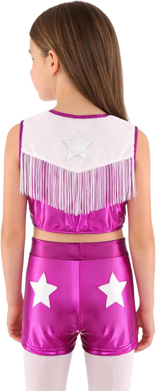 Girls Western Cowgirls Outfits Sequins Metallic Sleeveless Fringed Top with Shorts Set 2Pcs Performance Outfit