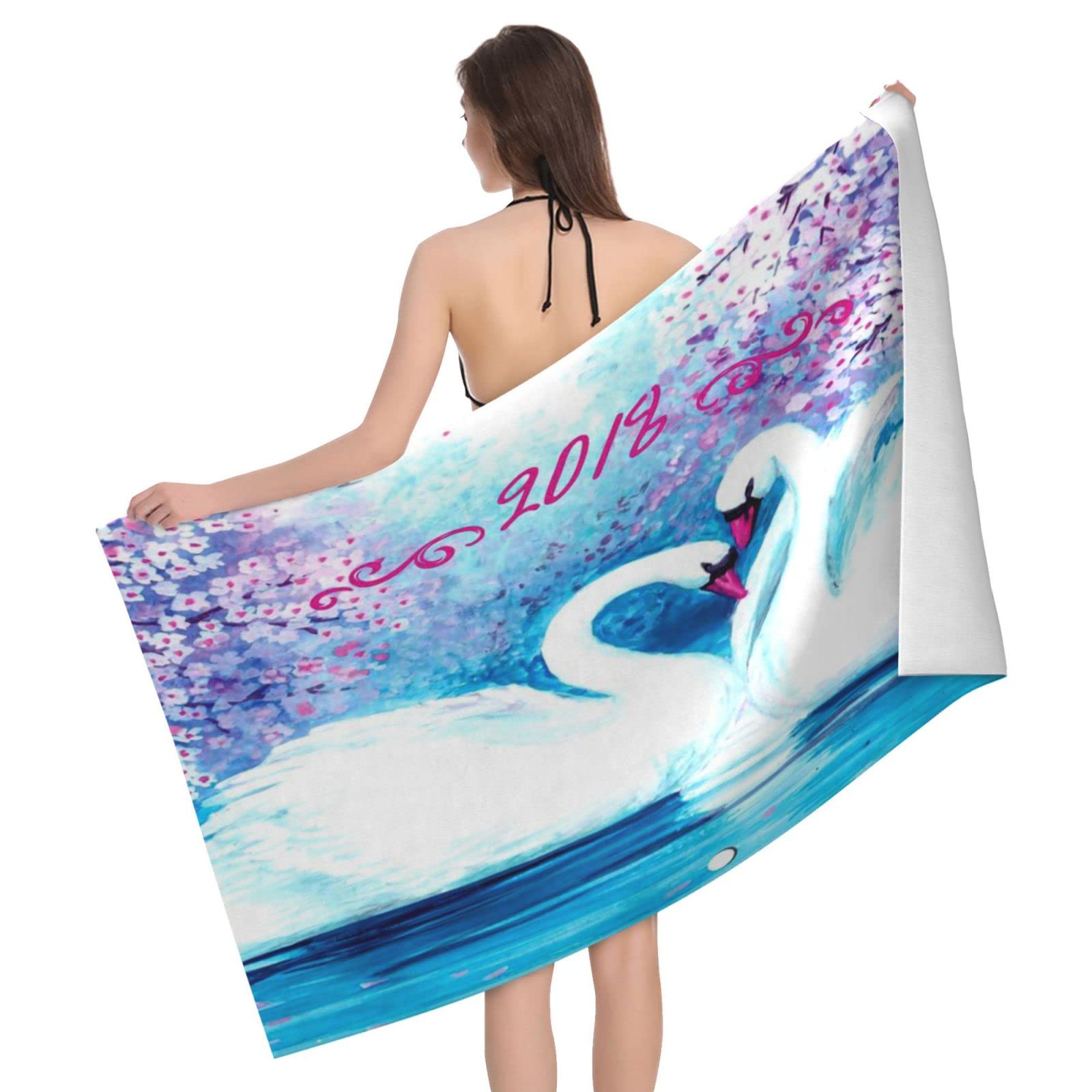 Lawenp Watercolor Purple Landscape Swans Beach Towel, Lightweight Sand Free Quick Dry Microfiber Absorbent Bath Towel for Kids, Adults, Swimming, Bath, Yoga, Pool, Travel, Camping 32"X52"