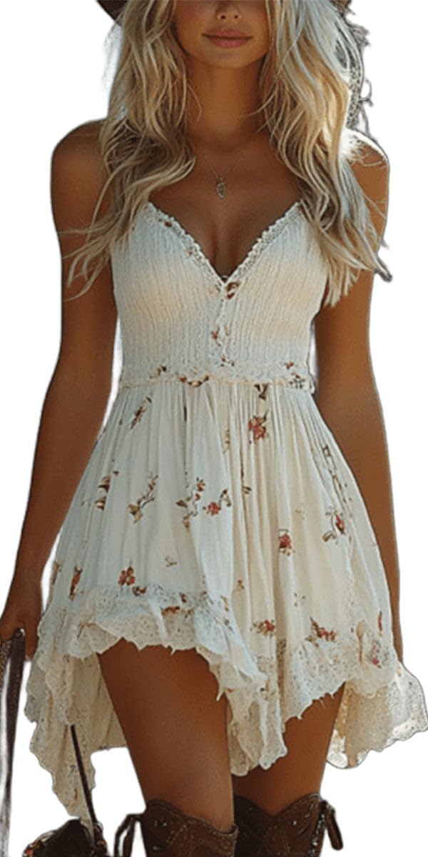 Spaghetti Strap Dresses for Women 2026 Summer Floral Mini Dress Cami Backless Deep V Neck High Low Sundresses