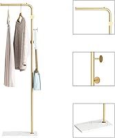 Vista 2 de Perchero dorado con base blanca, estante de entrada independiente con 3 ganchos, perchero en forma de L para chaquetas, sombreros, ropa