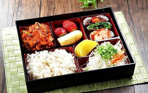 Miniatura 3 de JapanBargain, Lonchera Bento tradicional japonesa de plástico lacado rojo y negro, 6 compartimentos para restaurante o hogar, juego de bandejas y