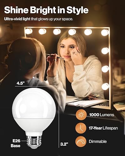 Miniatura 8 de Sunco Lighting Paquete de 4 bombillas LED G25 para espejo de baño, alto rendimiento 1000 LM, equivalente a 100 W 11 W, blanco cálido 3000 K,