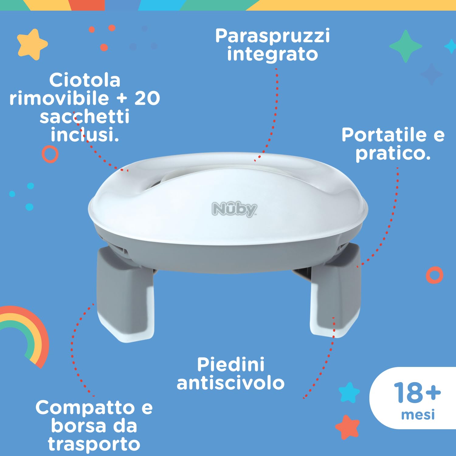 Nuby - Vasino portatile per bambini da viaggio - Wc portatile 2 in 1 Riduttore wc bambini o uso in autonomia - Con protezione paraschizzi e sacchetti usa e getta - Per imparare a usare il bagno