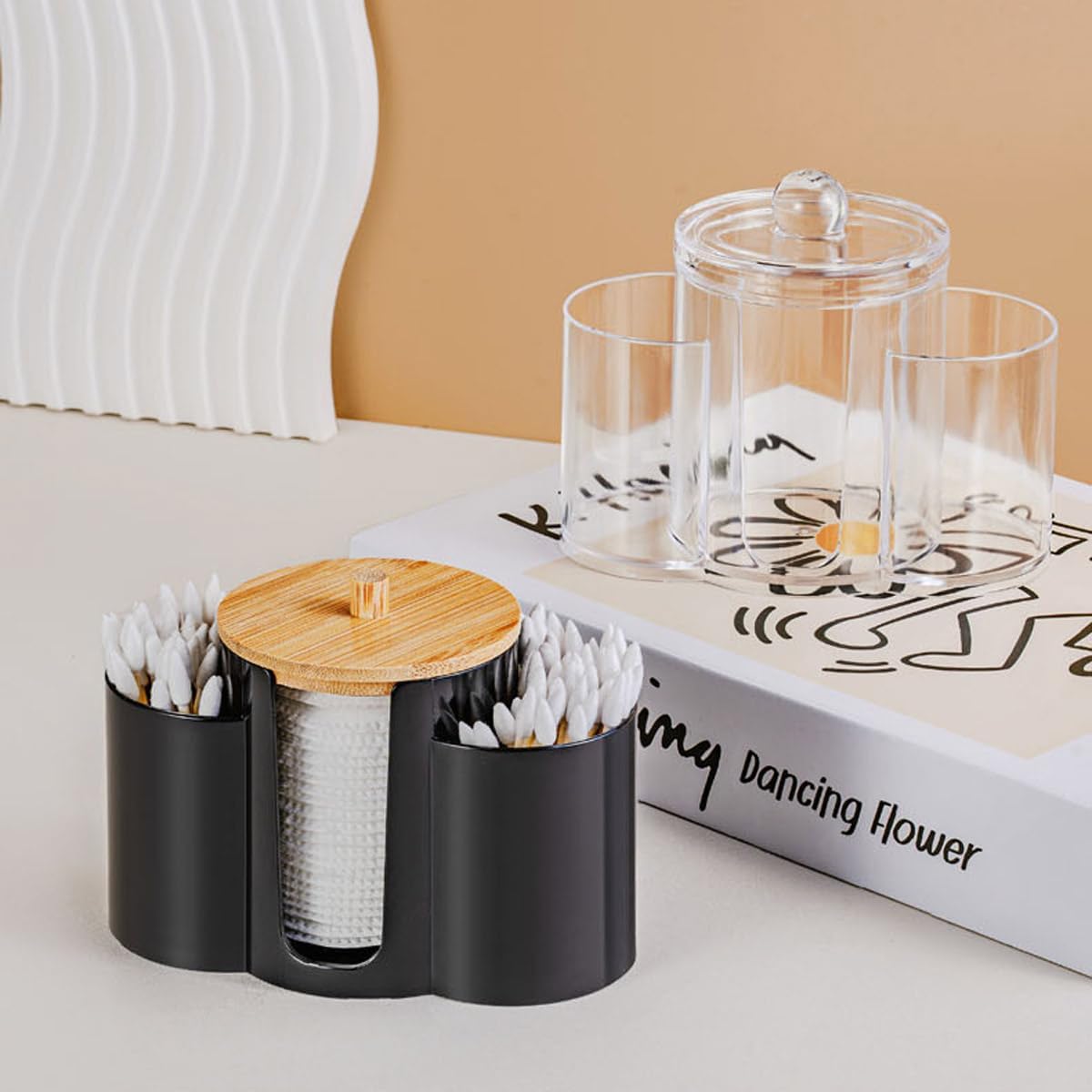 3-in-1 Q-Tip Holder for Bathroom – Premium Vanity Organizer Canister with Dustproof Lid for Cotton Swabs, Balls and Pads, Countertop Storage Container（Clear）