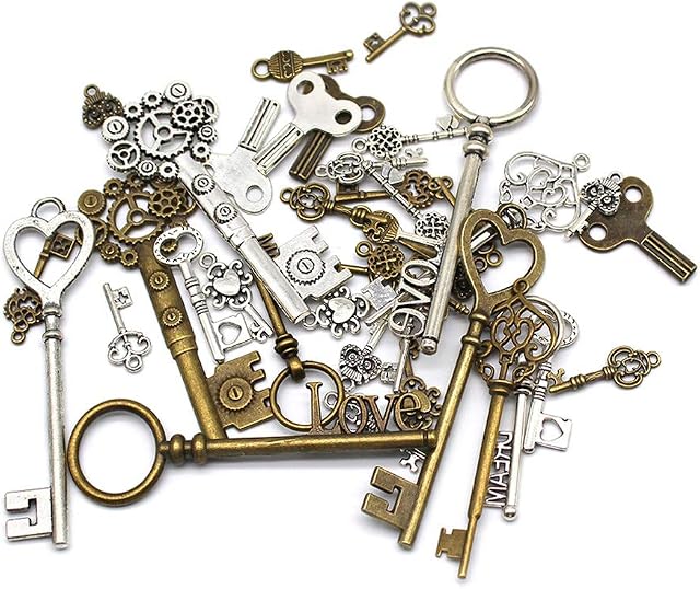 Mila-Amaz 40 Pieces Antique Bronze Vintage Skeleton Key Charms Steampunk Accessories for Handmade Jewelry Making - Bronze, Silver