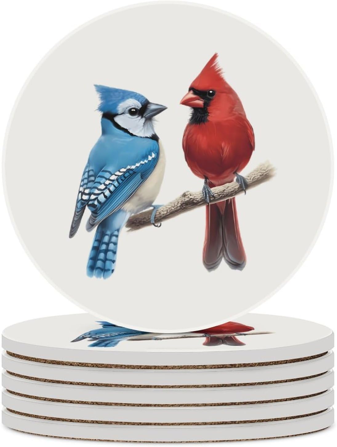Blue Jay Bird Cardinal Round Ceramic Coasters Print Drinks Absorbent with Cork Base for Home Decor Gifts 4 Inch