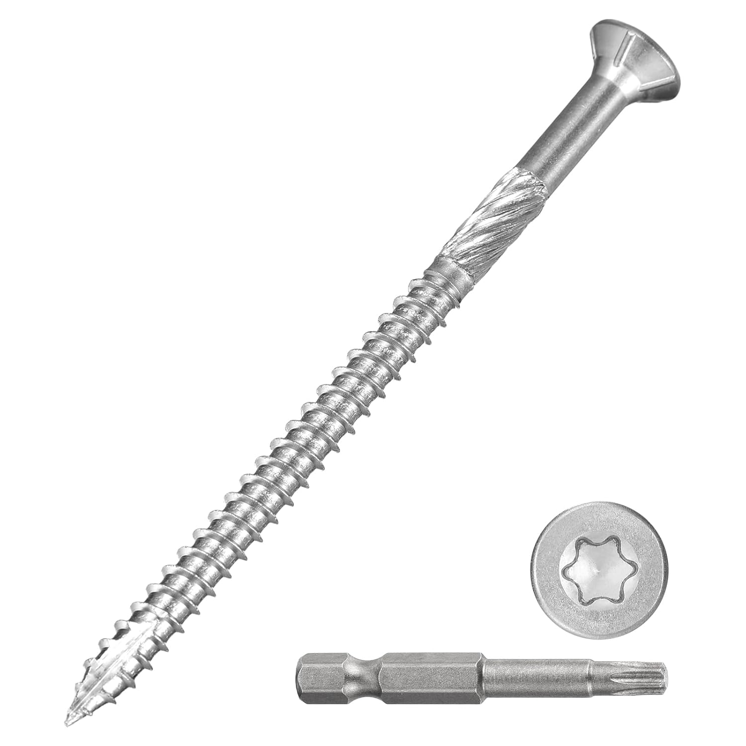 METALLIXITY Deck Screws (#10x2-1/2) 300Pcs, 410 Stainless Steel Wood Screw Decking Screws with T25 Torx Drive Head - for Wood Fence, Silver