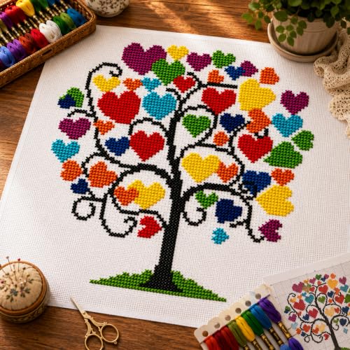 Image of Zhenqing Heart Tree Stamped Cross Stitch Kit for Beginners, 11CT Printed 11.8 x 11.8 Inch Colorful Love Tree Pattern with Threads, Needles and English Instructions, DIY Wall Decor Gift