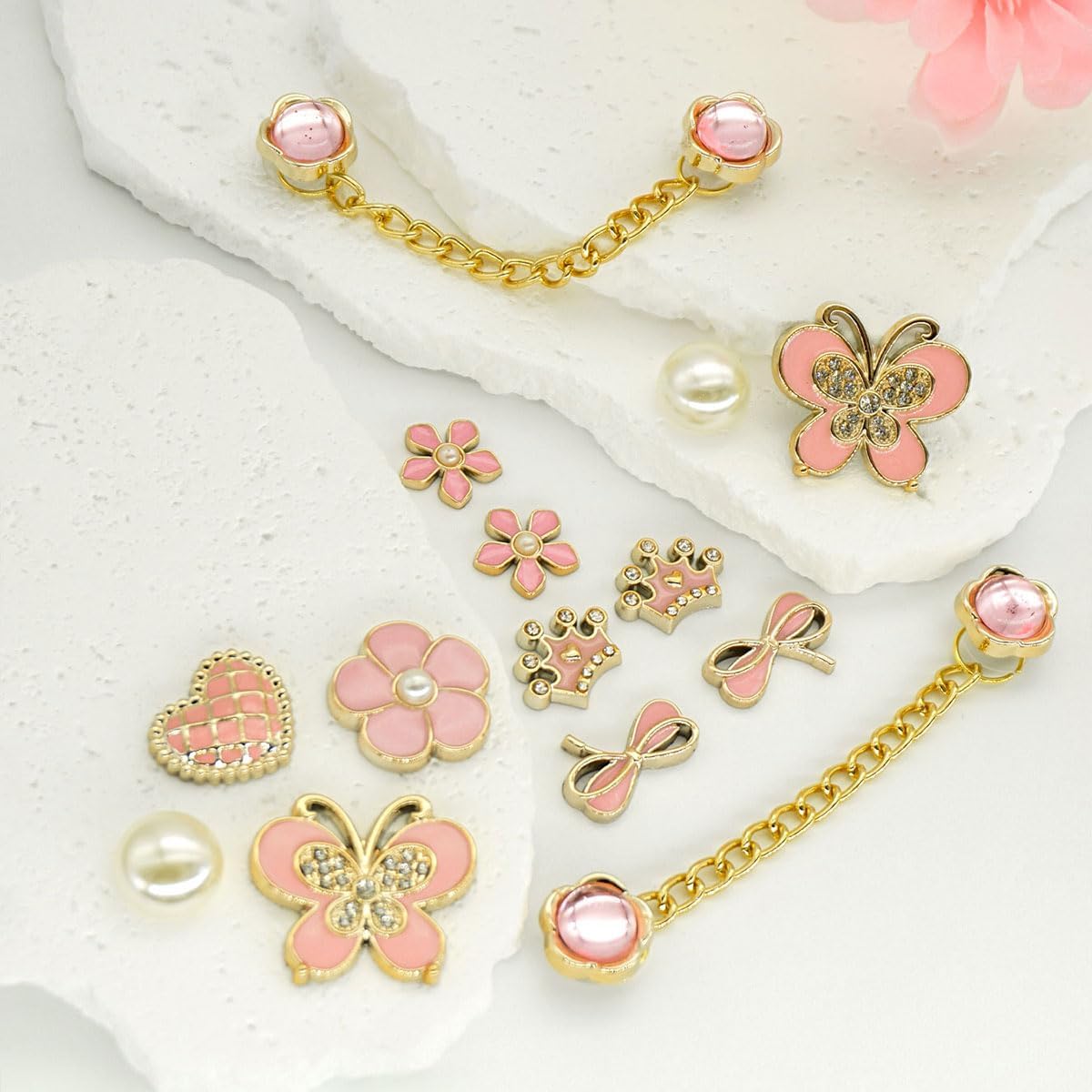 26PCS Bling Shoe Charms Set with Pearls, Flowers & Chains