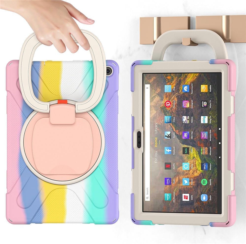 for Amazon Fire HD 10 (2021) Case 10.1 inch Tablet Case 3in1 Heavy Duty Rugged Double Silicone + Hard Plastic Frame with Shoulder Strap & Round Kickstand - C