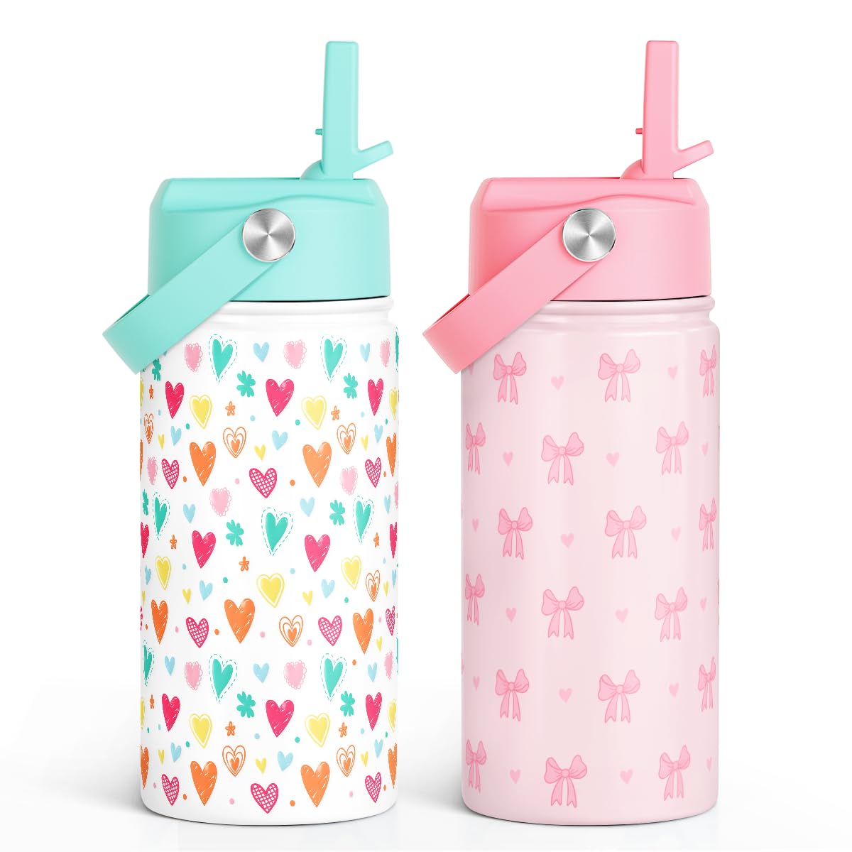 SANDJEST Kid Water Bottle 12oz with Straw Lid - 2-Pack Insulated Stainless Steel Water Bottles for Kids Girls