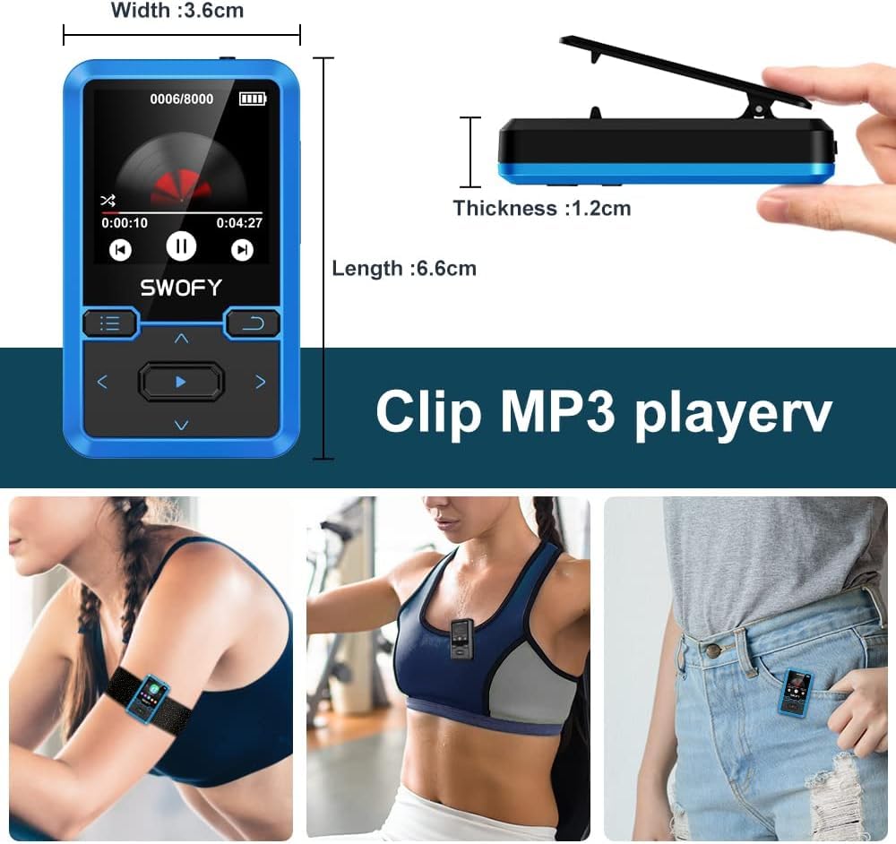 SWOFY Lettore MP3 Bluetooth 5.0 con clip sportiva, mini lettore musicale portatile da 32 GB, con cuffie, radio FM, contapassi, registrazione vocale, supporta scheda SD fino a 128 GB (blu)