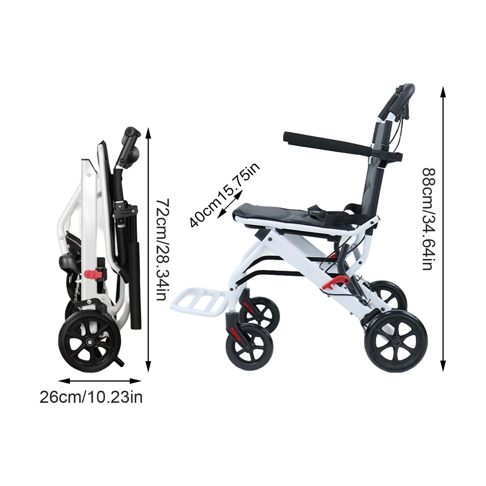 Fauteuil roulant pliant pour adultes, chaise de voyage portable légère avec conception ergonomique, sangle de sécurité réglable, cadre en aluminium et roues en PU pour une conduite en d