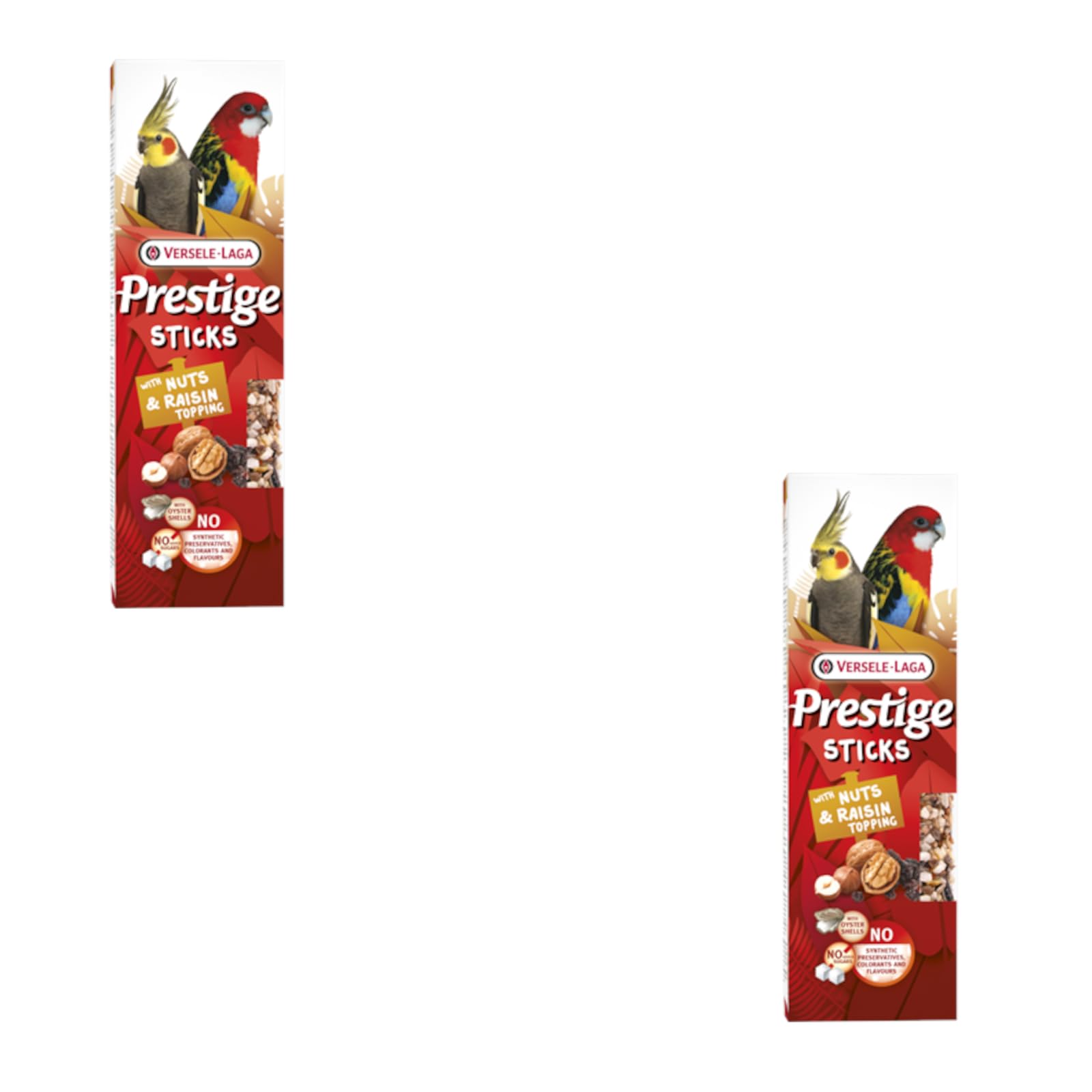 Versele-Laga Prestige Sticks Großsittiche mit Nüssen & Rosinentopping | Doppelpack | 2 x 140 g | Snack für Großsittiche | Ohne Zuckerzusatz und synthetische Konservierungsmittel