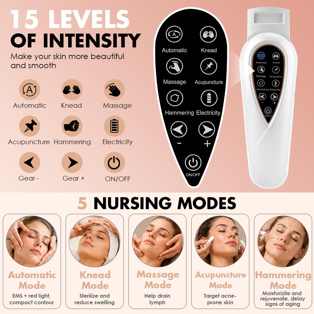 Gesichtsmassagegerät Doppelkinn, Elektrisches V-Face Shaping Massager mit 5 Modi & 15 Intensitätsstufen, Klappbar Doppelkinn Entferner mit Fernbedienung für schlanke Kieferlinie, Weiß