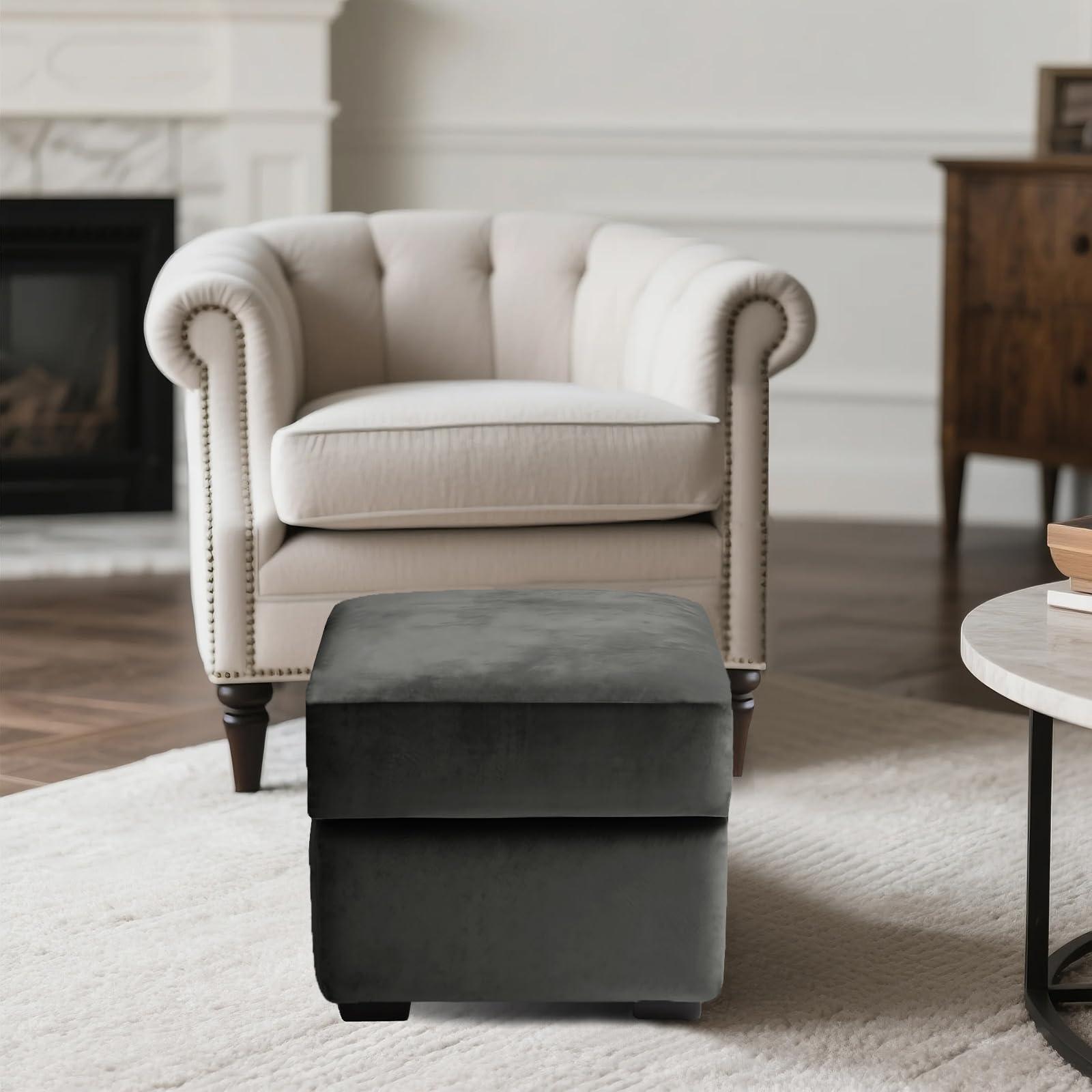 SYLC Ottoman Cover Stretch Velvet, Footstool Cover and Pouffe Cover Non-slip with Elastic Bottom/ties, Slipcover for Folding Storage Poofy Foot Stool (Med grey,Square-S Ottoman+Seat)