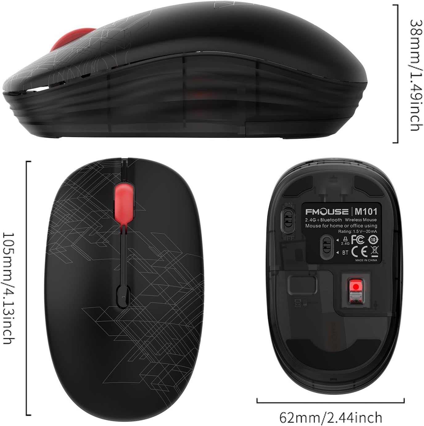 Image showing the dimensions of the FMOUSE M101 mouse: 105mm (4.13 inches) length, 62mm (2.44 inches) width, and 38mm (1.49 inches) height.