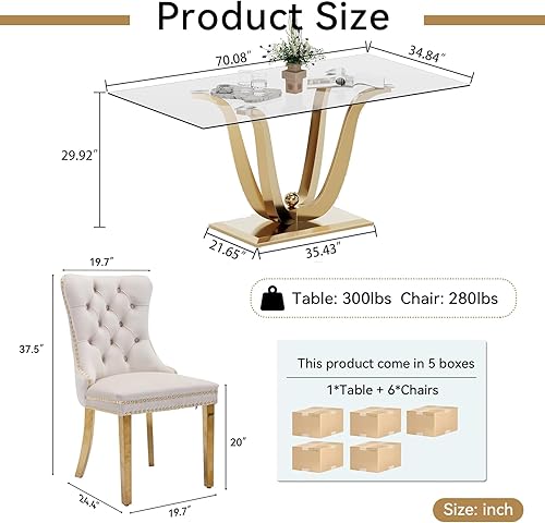 Miniatura 3 de Juego de mesa de comedor de cristal dorado moderno de 70 pulgadas para 6, juego de mesa rectangular de comedor de cocina de 7 piezas con base de
