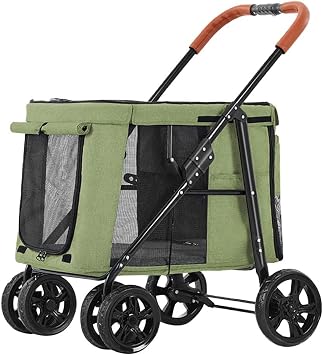 Large Pet Dog Stroller for Large Dogs, Dog Pram Pushchair Large Pet Stroller Multiple Cat Cart Trolley Foldable 2 Cats Carriage for Twin or Multiple Pet Travel, Load-Bearing 66lbs  Color Green