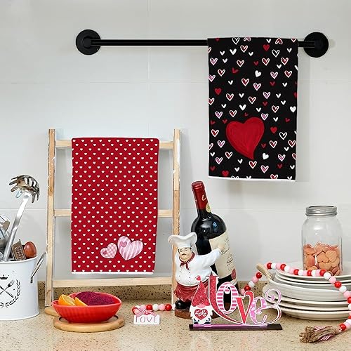 Miniatura 3 de ARKENY AD184 - Juego de 2 paños de cocina para el día de San Valentín, diseño de corazón de acuarela negra y roja, de 18 x 26 pulgadas, para