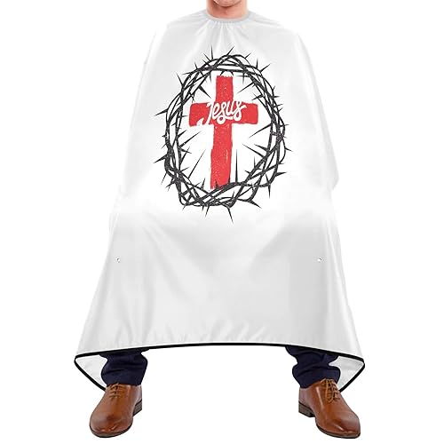 ALAZA Capa de peluquería profesional de 55 x 65 pulgadas, diseño de cruz cristiana de Jesús impermeable, con cierre a presión, para hombres y mujeres