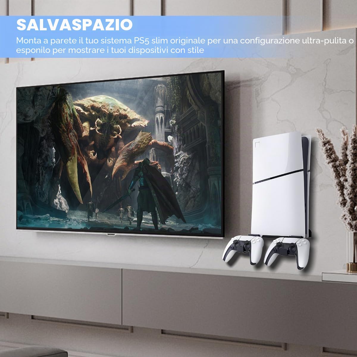 Supporto a Parete per PlayStation 5 Slim con Supporto Rimovibile per Controller, PS5 Muro (Ottica e Digitale), Nero