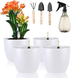 LangRay 4er-Set Blumentopf mit Wasseranzeiger, 15.5x13cm Klein Kunststoff Pflanztopf Selbstbewässerungstopf Wasserspeicher Hydrokultur Topf mit Bewässerungssystem Selbstbewässernd (Weiß)