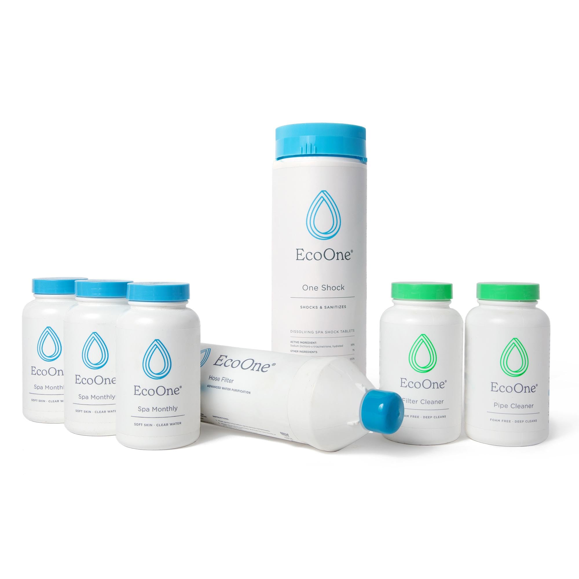 EcoOne Spa &amp; Hot Tub Starter Kit | Comes with 3 Monthly Cleanser, 1 Shock Granules, 1 Filter Cleaner, 1 Pipe Cleaner, &amp; 1 Hose Filter | Stabilizes pH &amp; Alkalinity, 3-Month