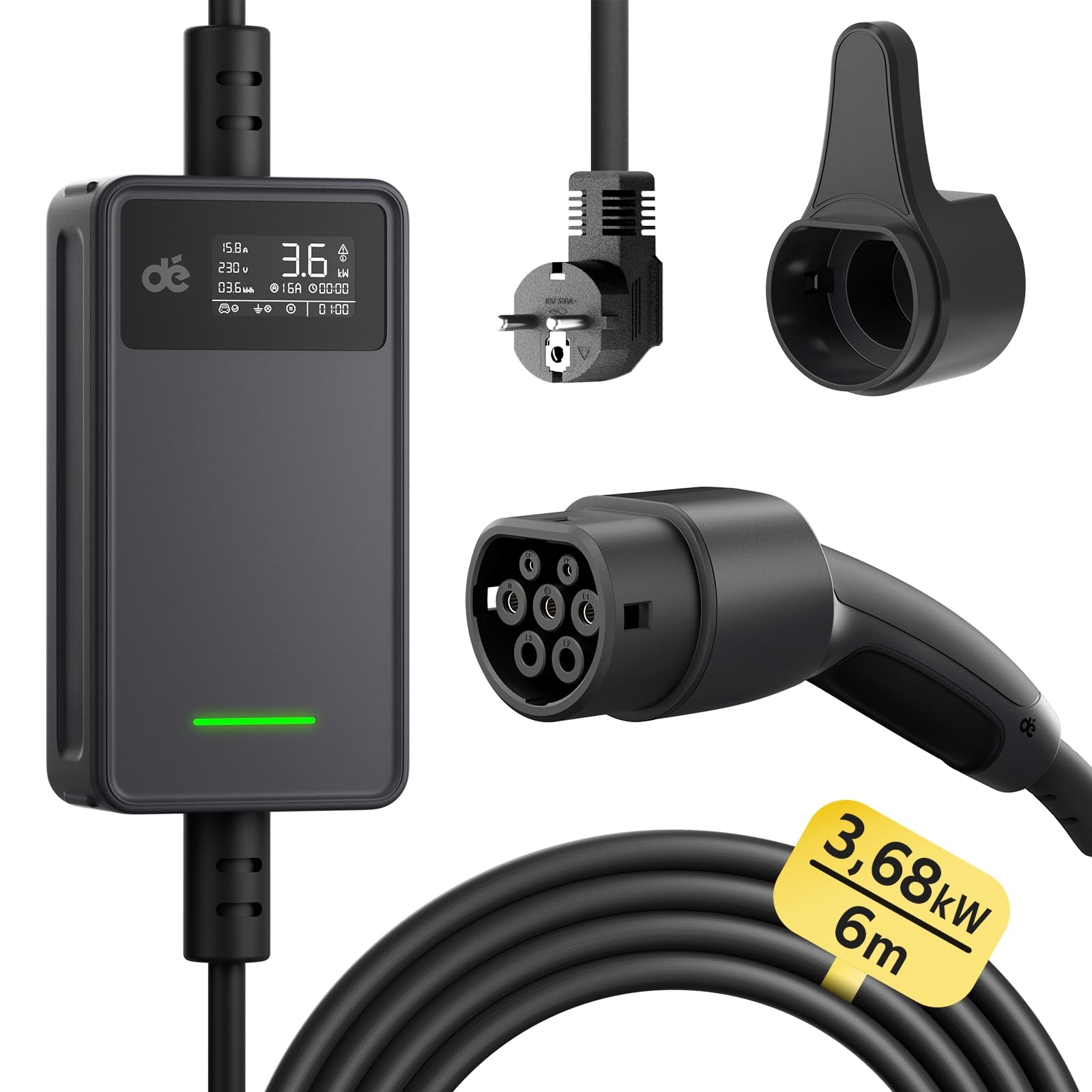dé Cavo Ricarica Auto Elettrica Tipo 2 Schuko [3,68kW| 6-16A| 6m] Caricatore Auto Elettrica Tipo 2 Schuko, con LCD Controllo Digitale e Supporto Compatibile con Model Y/3 e Altri EV/PHEV