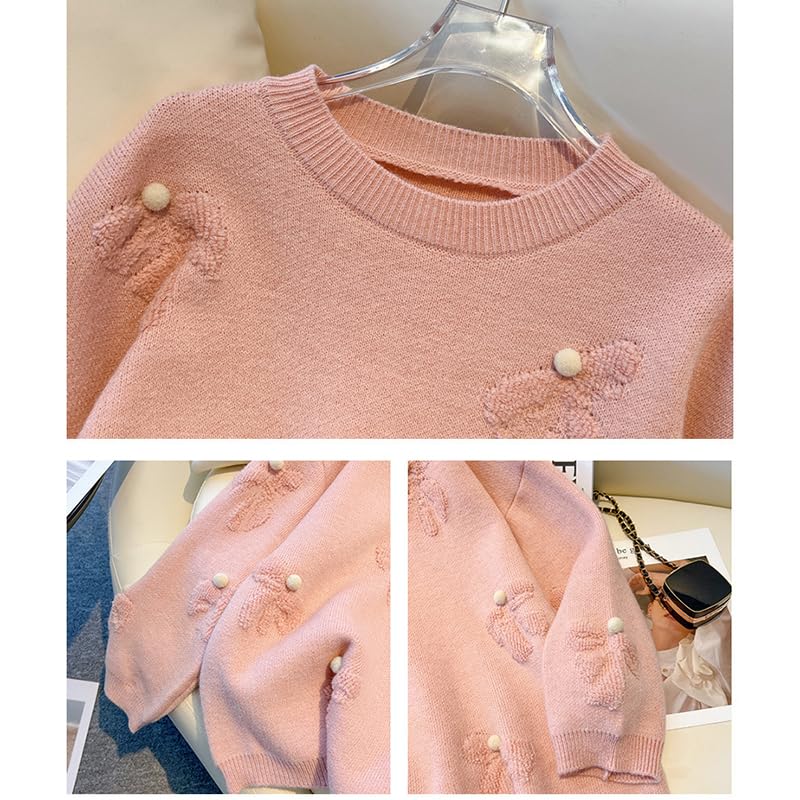 Women's Cute Bow Slouchy Pullover Sweater Fall/Winter Solid Loose Crewneck Long Sleeve Crochet Knitwear Going Out Top Jumper4