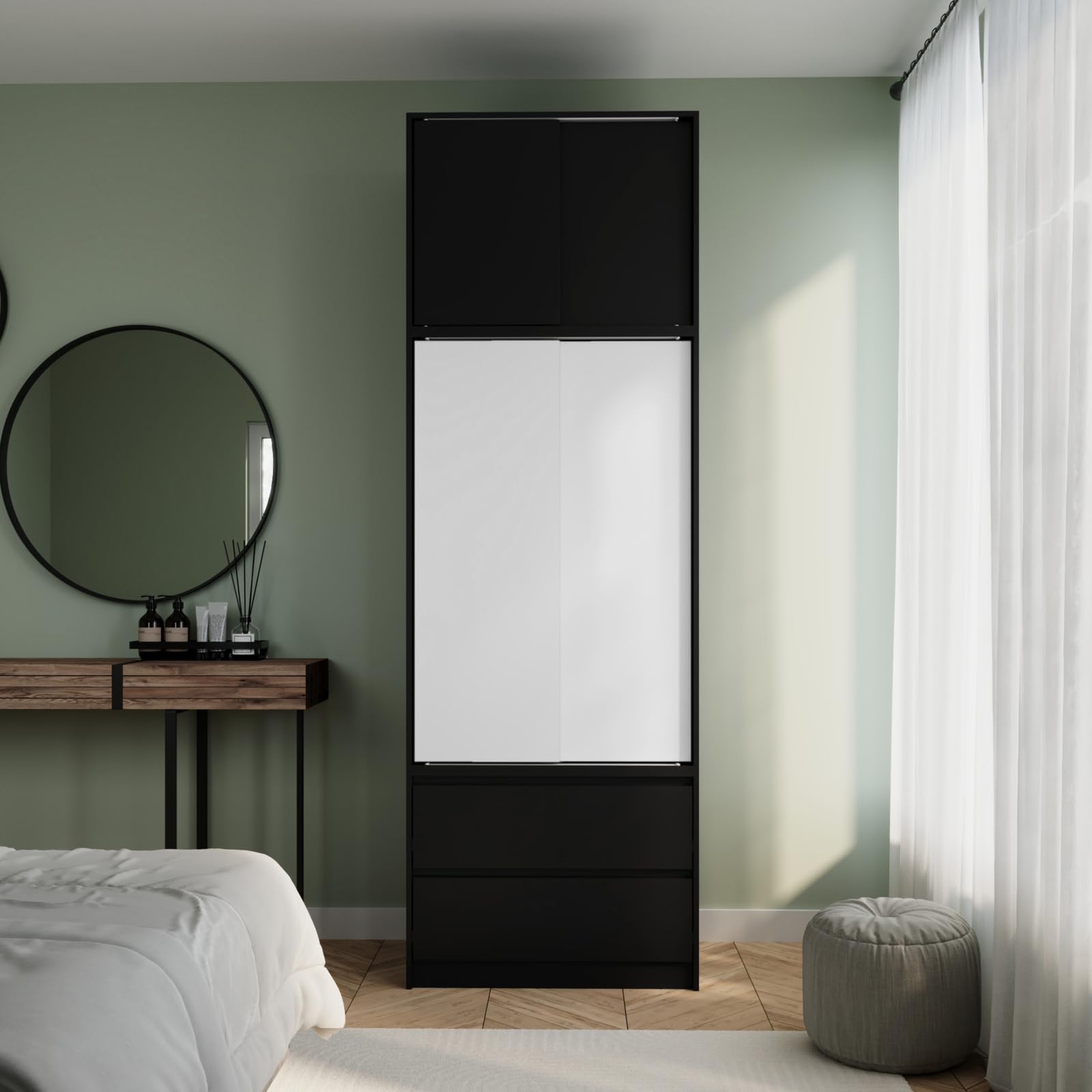 URBNLIVING 240cm Extra Tall 2 Door Sliding Wardrobe for Bedroom, Modern Freestanding Storage Cupboard with Hanging Rail, Customisable Design, Ideal for Clothes, Accessories & More
