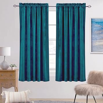 Peacock Blue Luxury Velvet Curtains 63 Inches Length - Room Darkening Soft Rod Pocket Light Blocking Curtain Drapes for Living Room, Set of 2 Window Curtain Panels