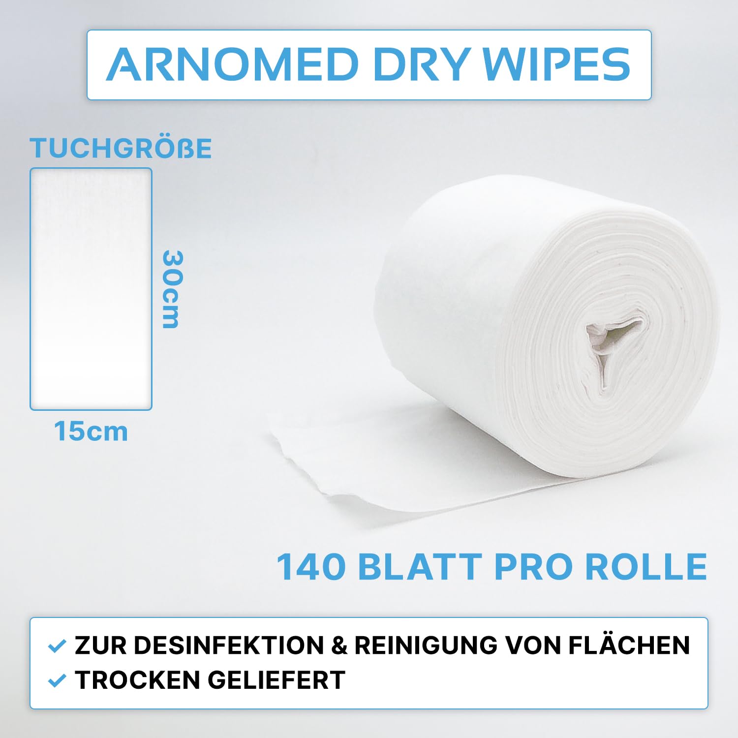 12x ARNOMED® Desinfektionstücher Trocken [140 Blatt/Rolle], Vliestücher | Flächendesinfektionstücher 15x30cm, Dry Wipes Disinfectant, Vliesrolle mit Reinigungstücher Flächendesinfektionsmittel Tücher