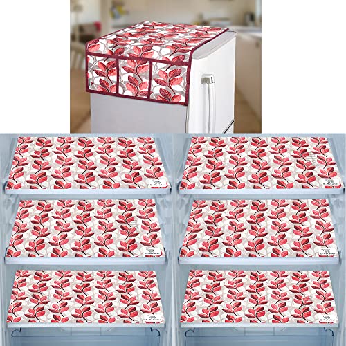 Image of Polyester 3-Layered Fridge Top Cover /Refrigerator Cover with Utility Pockets and Set of 6 Pc Fridge Mats (Color-Leaf Pink, Size-39x21 Inches)