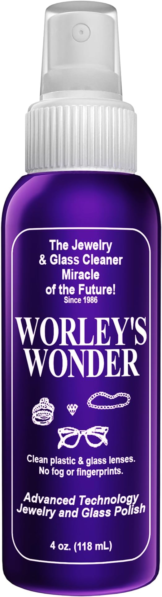 Worley's Wonder Jewelry & Glass Cleaner (4 Ounce Spray Bottle) - Jewelry Cleaner Spray for Gold, Silver, Diamonds, Gemstones, Glass, Marble, Electronics (4.00 Fl Oz (Pack of 1))