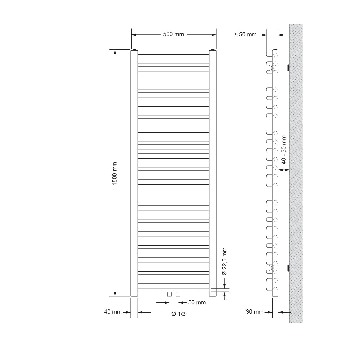 LuxeBath Radiador Toallero de Baño Sahara 500 x 1500 mm Negro Mate Diseño Curvado con Conexión Central Calentador Secador de Toallas con Kit de Montaje Incluído, Estufa con Protección Contra Fugas