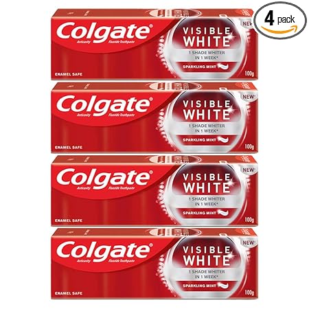 Colgate?Visible White Teeth Whitening?Toothpaste, Pack of 400g?(100g X 4), with Whitening Accelerators for Tobacco Stain?Removal & Teeth Whitening product,?Colgate Toothpaste?with?Minty Flavor for Everyday Fresh Breath