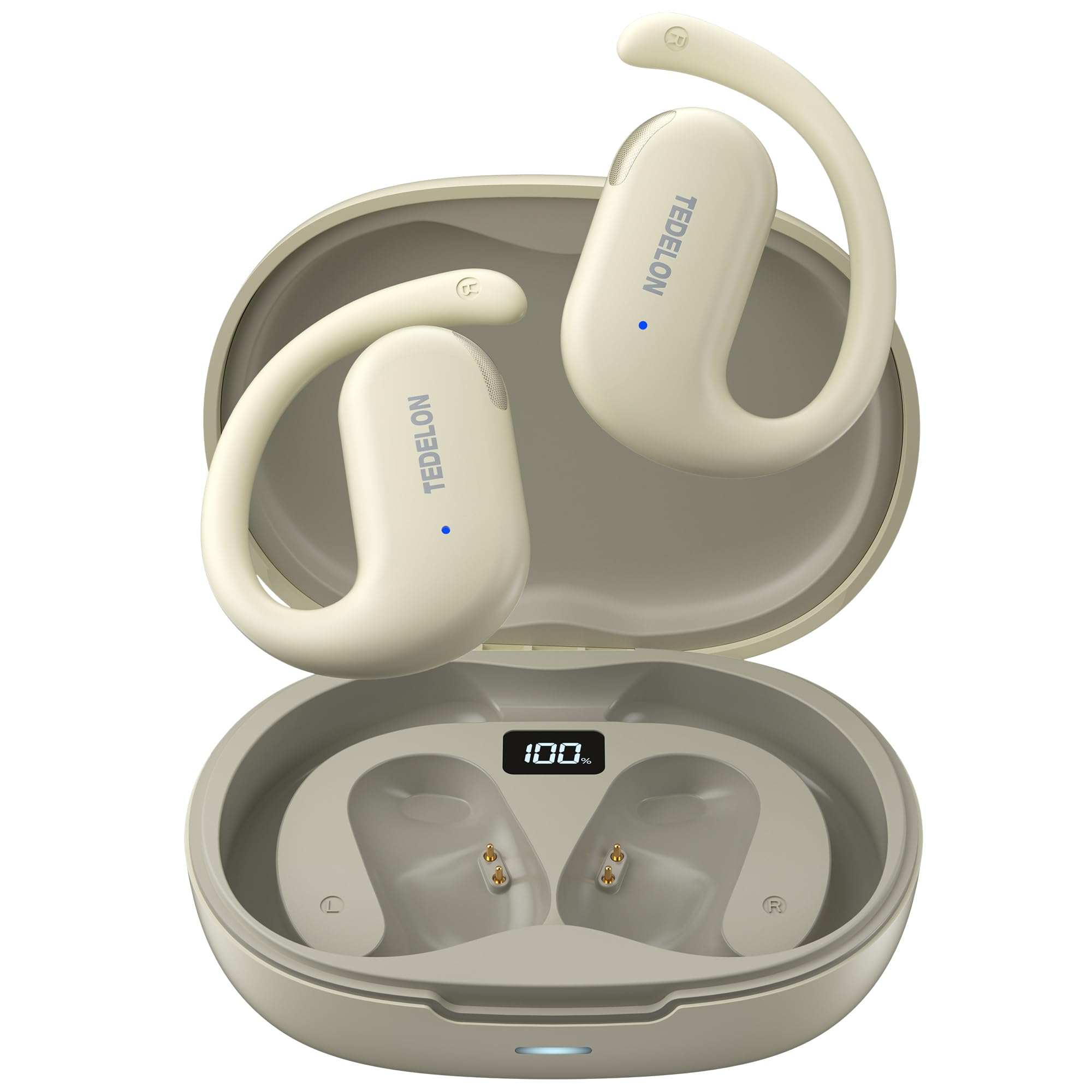 tedelon open ear headphones bluetooth 5.4: 50h playtime wireless earbuds, 16.2mm drivers, ipx6 waterproof, led display, comfort fit for running, cycling, workouts, beige