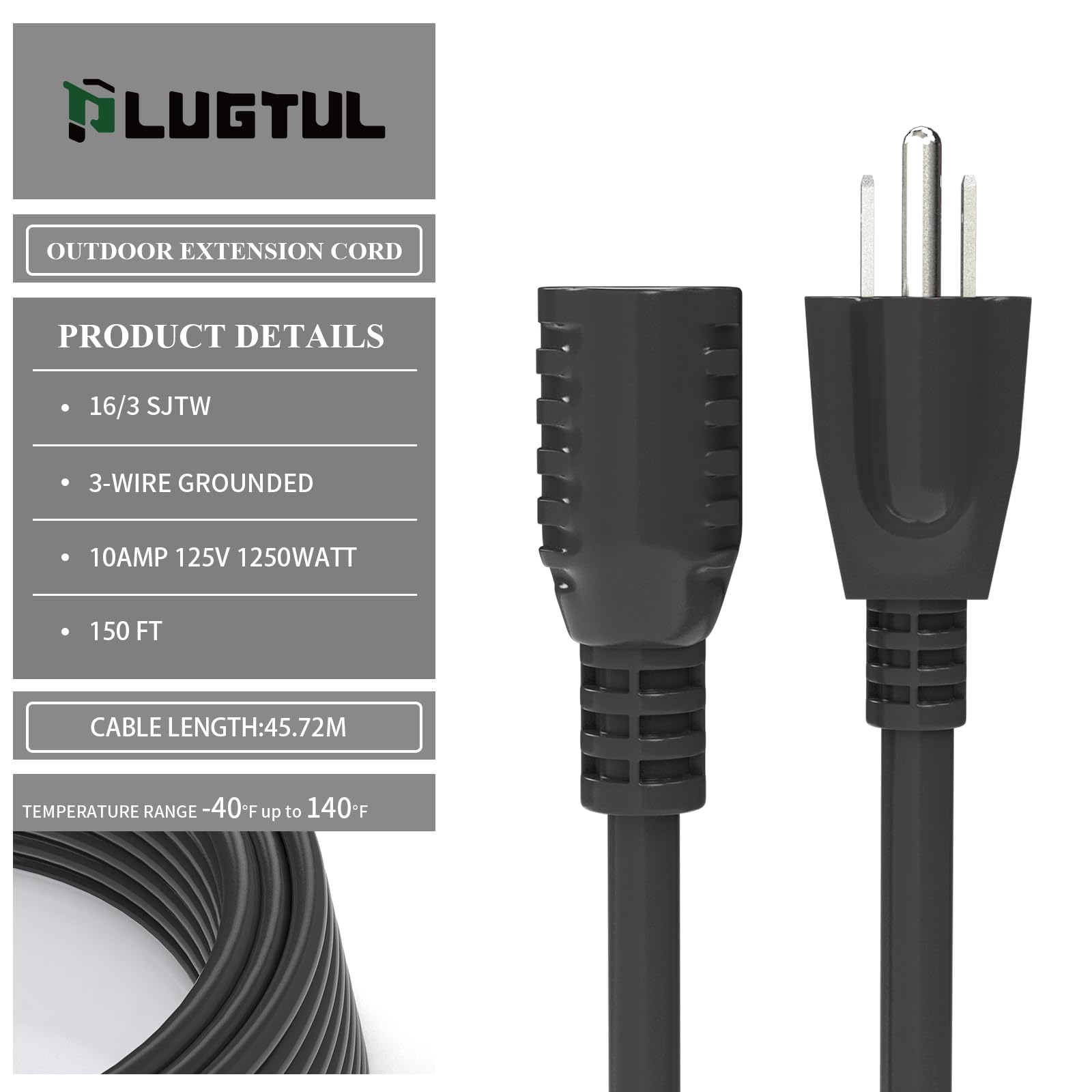 Cable de extensión para exteriores de 150 pies, impermeable, 16/3 negro, resistente cable de extensión de 3 puntas, 10A 1250W SJTW, listado ETL, ideal para jardín y hogar
