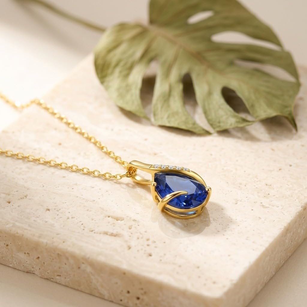YDD 14K Solid Gold Gemstone Birthstone Necklaces for Women Dainty 2 Carat Pear Shaped Teardrop Gemstone Birthstone Pendant Anniversary Birthday Jewelry Gifts for Her 16"-18"