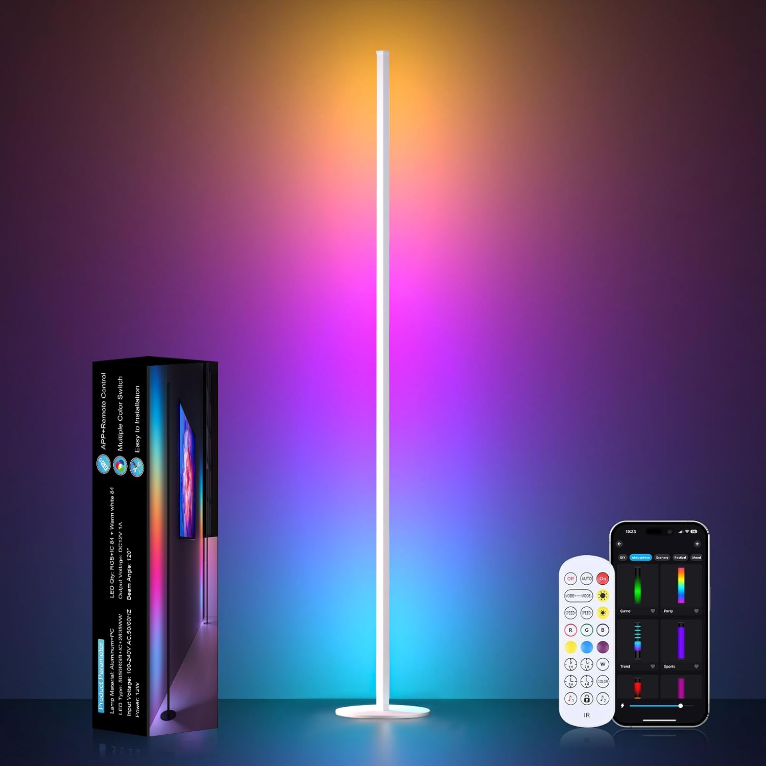 White Corner Floor Lamp, LED Corner Lamp with Music Sync, APP & Remote Control RGBW IC Floor Lamp Color Changing Ambient Lighting for Living Room, Bedroom, Gaming, Party-image-39