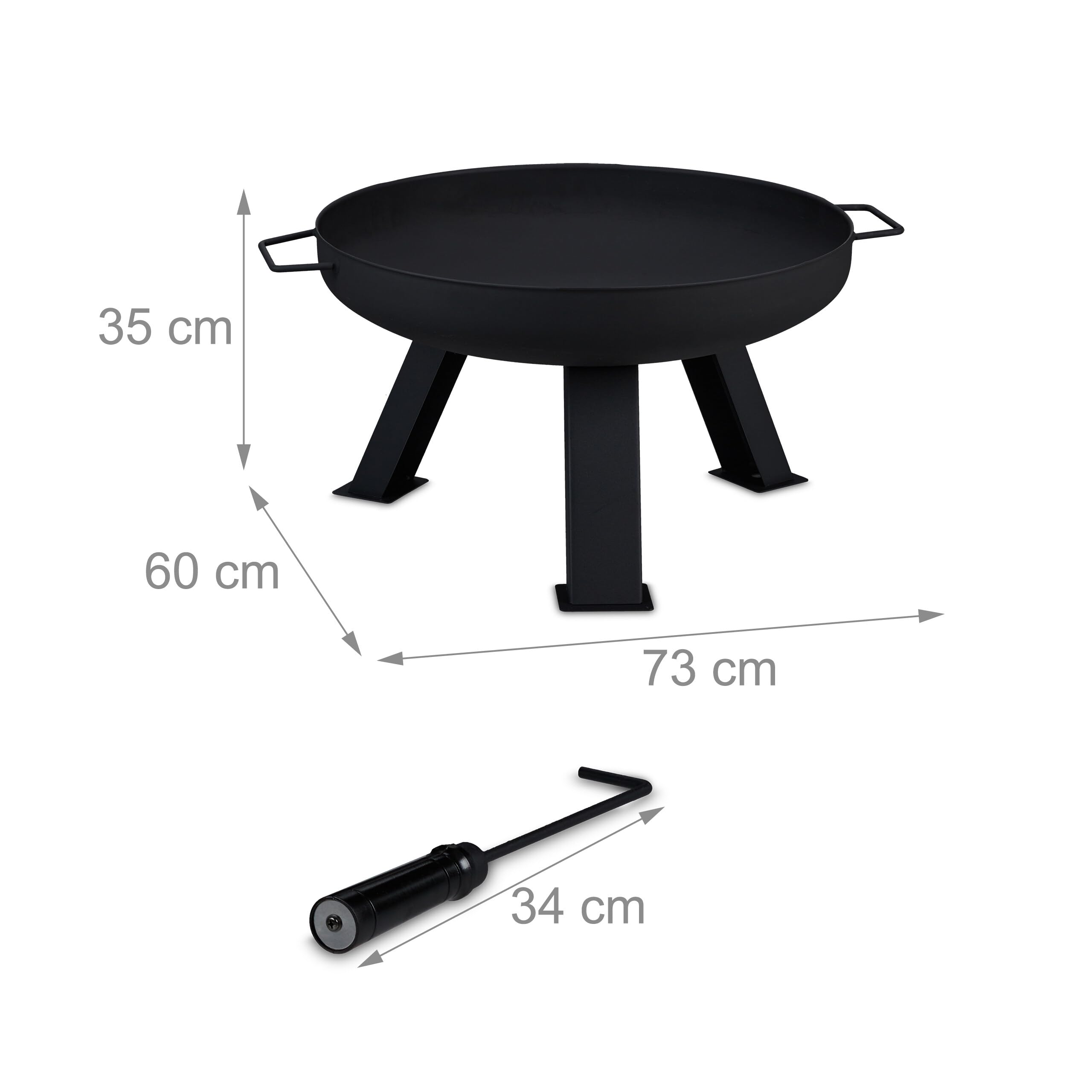 Relaxdays Brasero de Jardin, Ø 60 cm, tisonnier Inclus, pour la terrasse, bac à feu en Acier, Rond, Grand Foyer, Noir