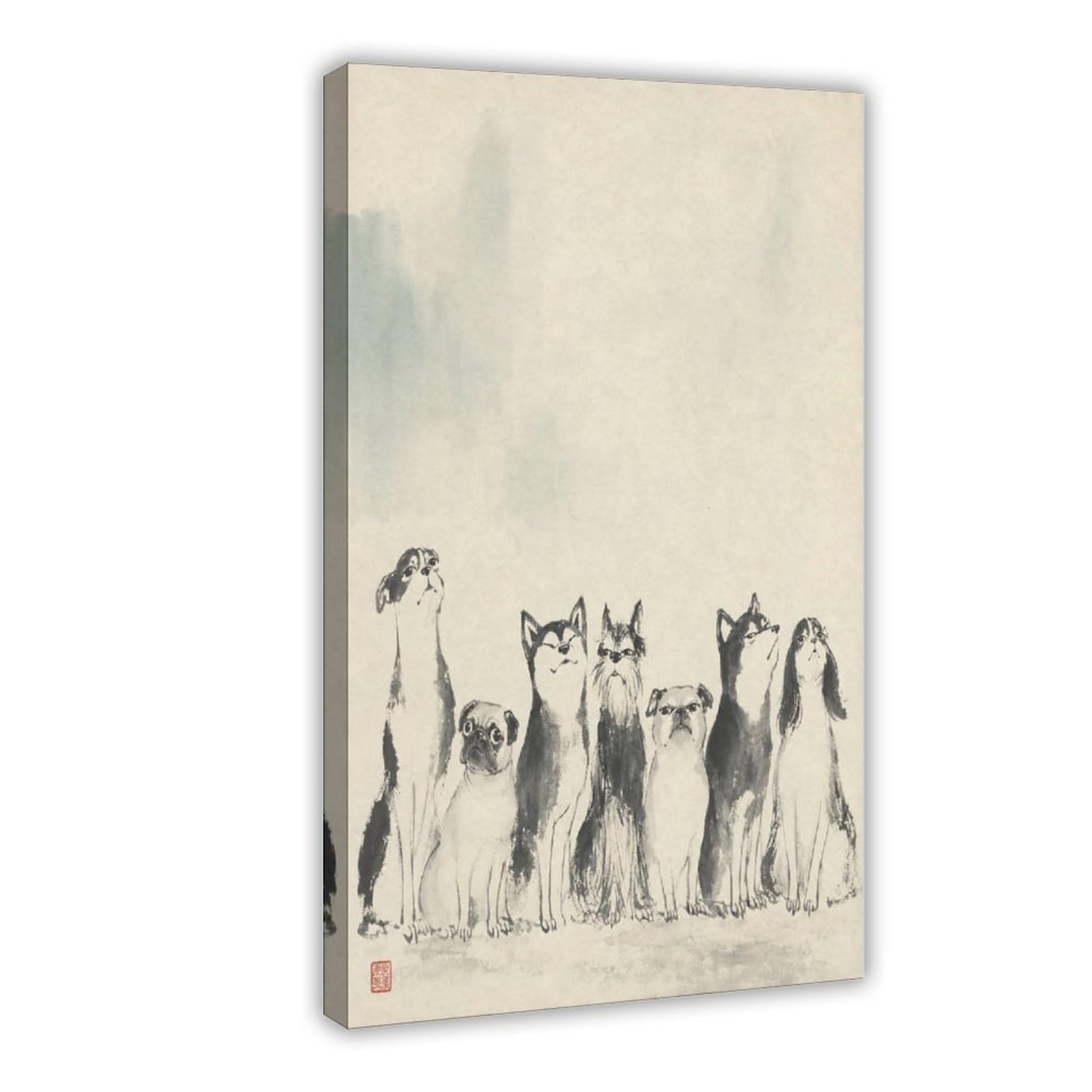 W7c8u2x3 Frame-Style-5 White Dog Group Canvas Wall Art, Gongbi Painting Entryway