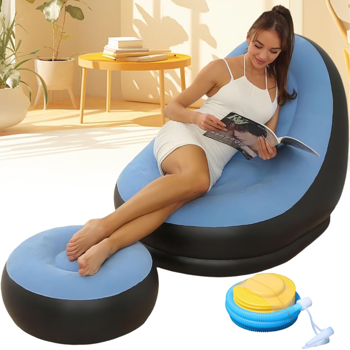 Sofá inflable portátil celeste con bomba de pie y sillón flocado multiusos