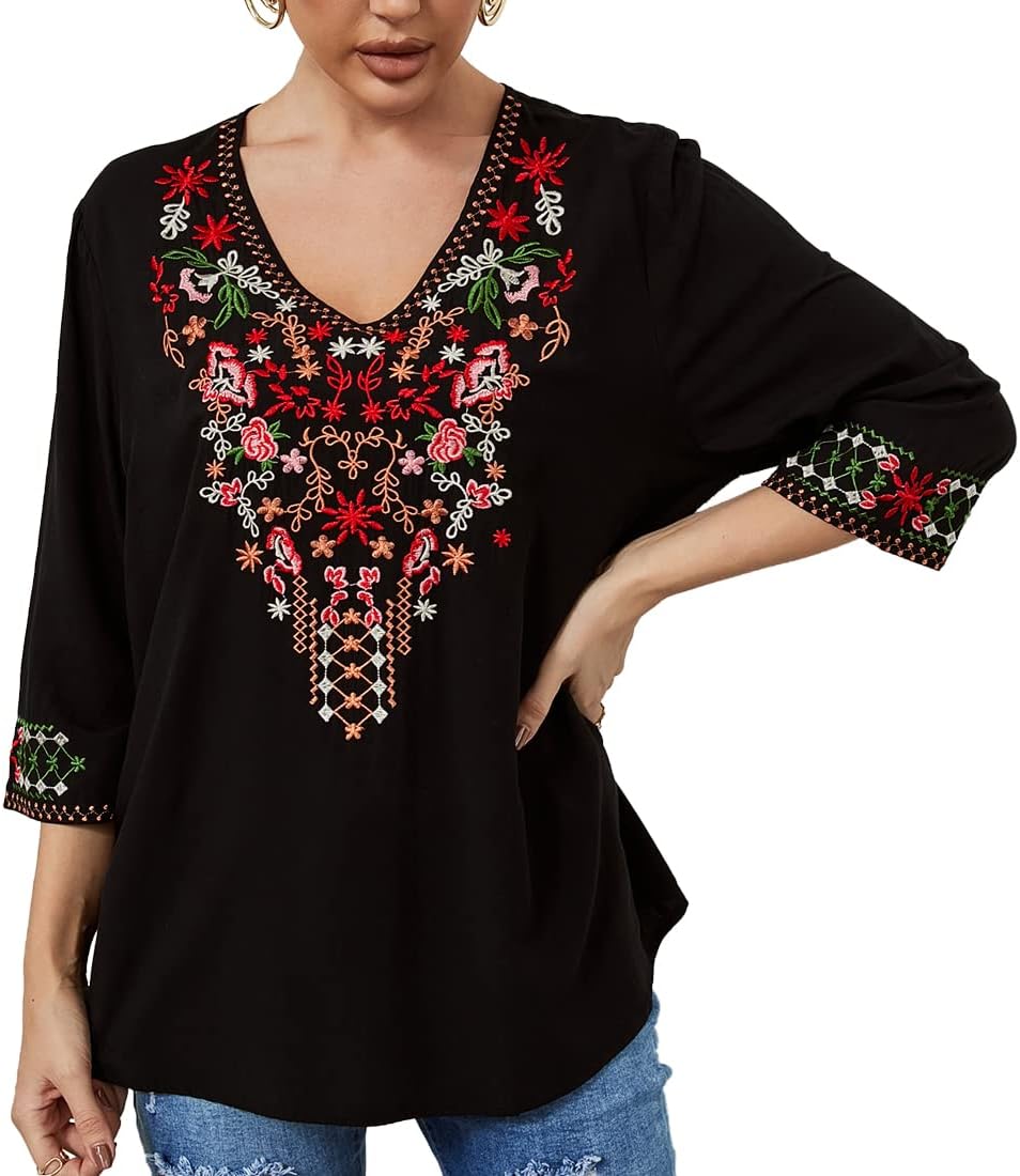 AK Women's Boho Embroidered Tops 3/4 Sleeve Mexican Peasant Shirts Bohemian Loose Tunic Blouses - Image 4