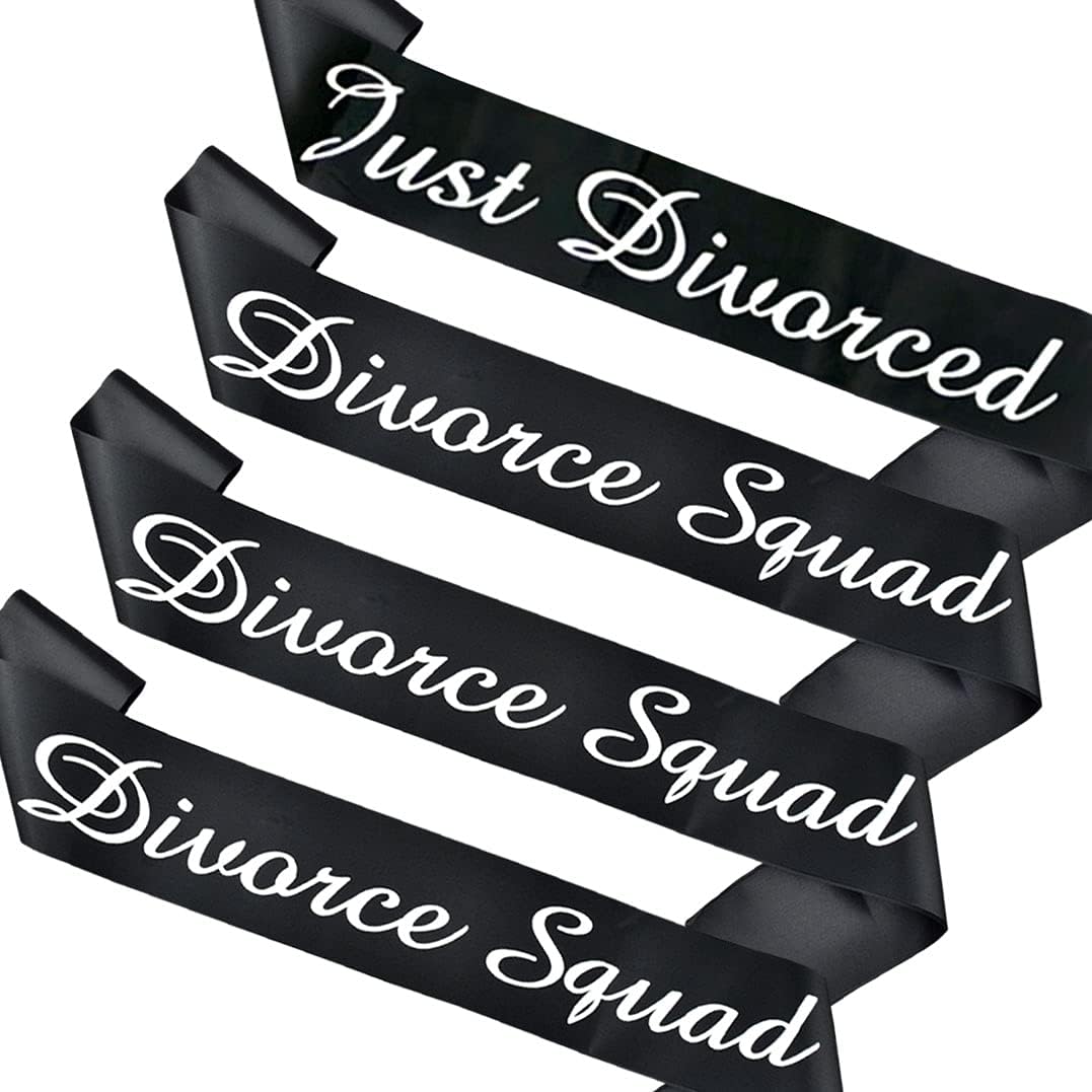 Just Divorced and Just Divorced Squad Sash (4 pc) Black White Divorced Party Supplies Decorations for Finally Divorced, Newly Unwed, Single Women and Men, Funny Divorce, Break Up Gift for Her and Him