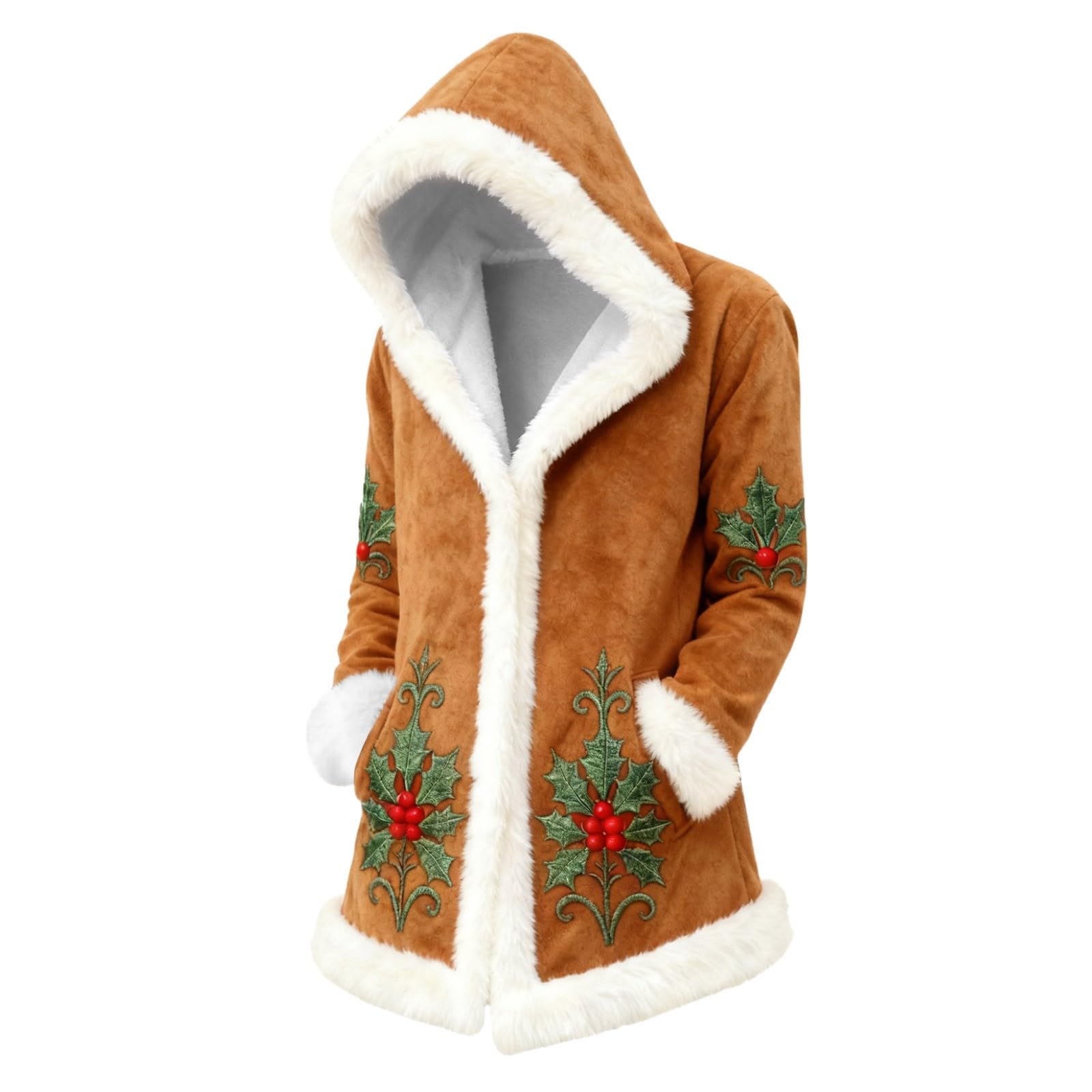 Red Velvet Christmas Costume for Men Red Hooded Cape Santa Coat Plush Lining Long Sleeve Longline Soft Warm Fluffy Festival Holiday Party Xmas Winter Cardigan