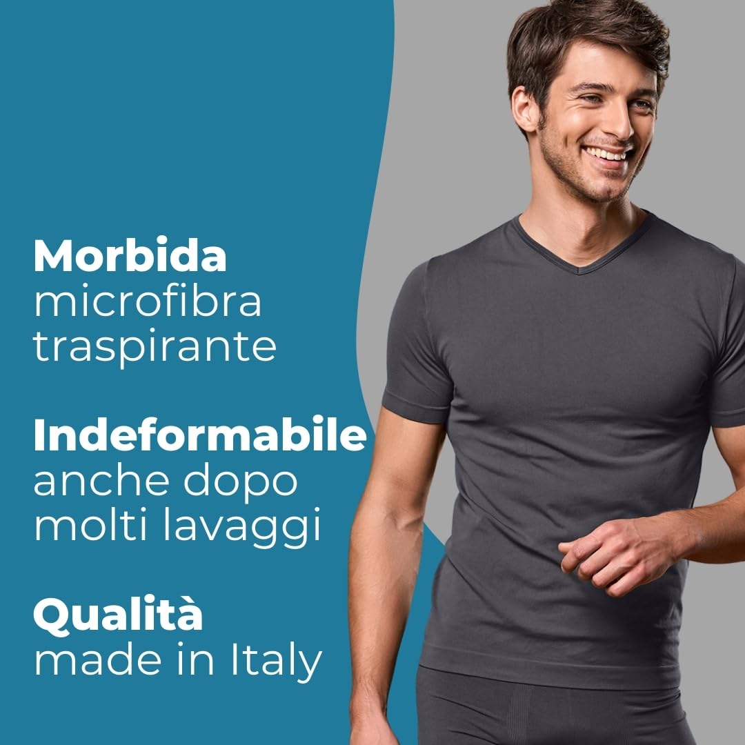 FOCENZA Set 3 Pezzi T Shirt Uomo con Scollo a V, Maglia Intima in Morbida Microfibra Elasticizzata e Confortevole, Vari Colori, Made in Italy